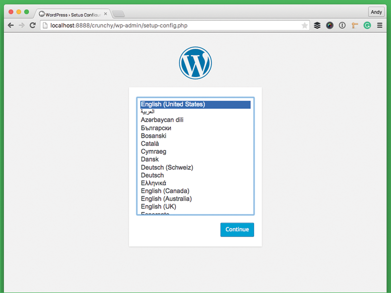 Installing WordPress locally prompts the same Language selection step as before.