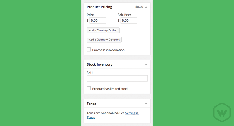 Pricing, SKU numbers, and Taxes are also options within WP eCommerce