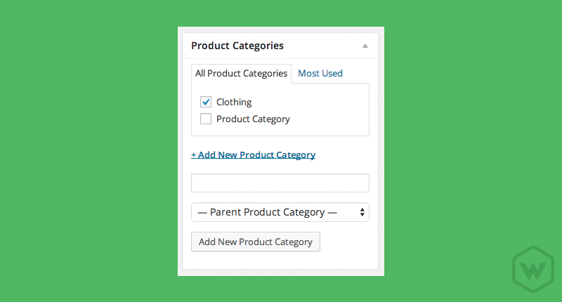 A product category is very similar to the default WordPress category options when adding a new blog post. The difference is that this option pertains only to the products within the eCommerce Marketplace