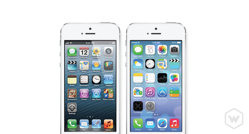 two different iPhones showing different designs. Skeuomorphism and flat styles